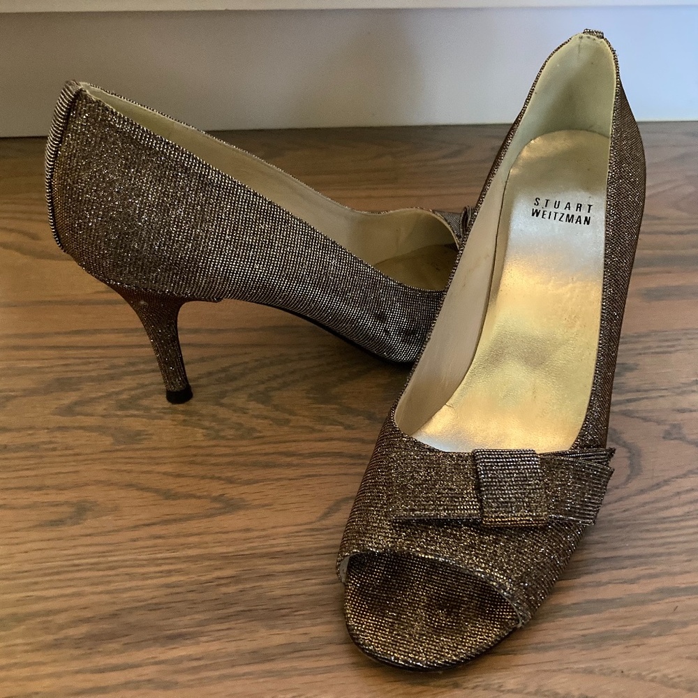 Stuart Weitzman Bowover Pyrite Nocturne Open Toe Heels